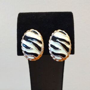 Zebra Print Earrings Clip On Silver Black And White Enamel Vintage